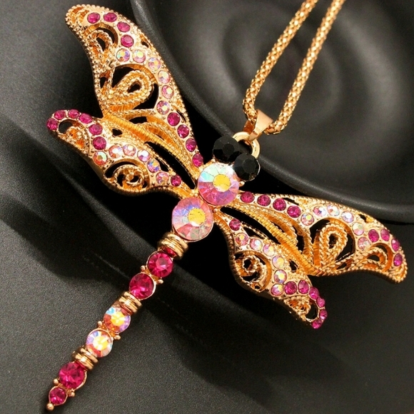 Betsey Johnson Gold Pink Dragonfly Necklace - Picture 2 of 3
